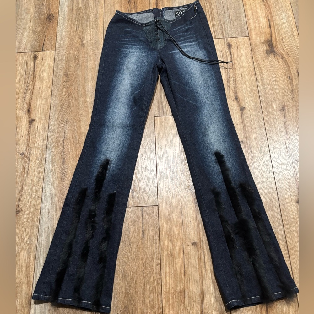 NWT Vintage Y2K Fur Jeans with Leather Lace Up by YoYo